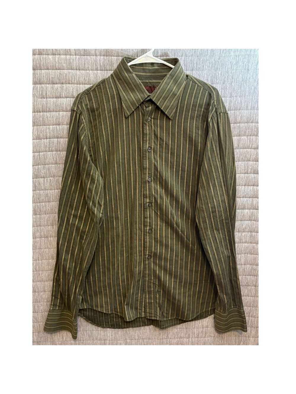Zara Striped Long Sleeve Button Up Shirt Men's XL Olive Green & Gold Office